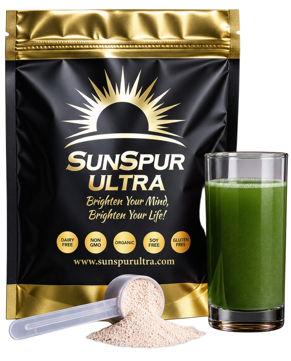 SunSpur ULTRA pain relief drink bag with powder scoop and deep leafy green drink